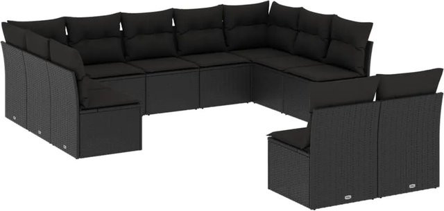 vidaXL 11-tlg. Garten-Sofagarnitur in U-Form aus Polyrattan mit Kissen und Stauraum, Schwarz - Bild 1