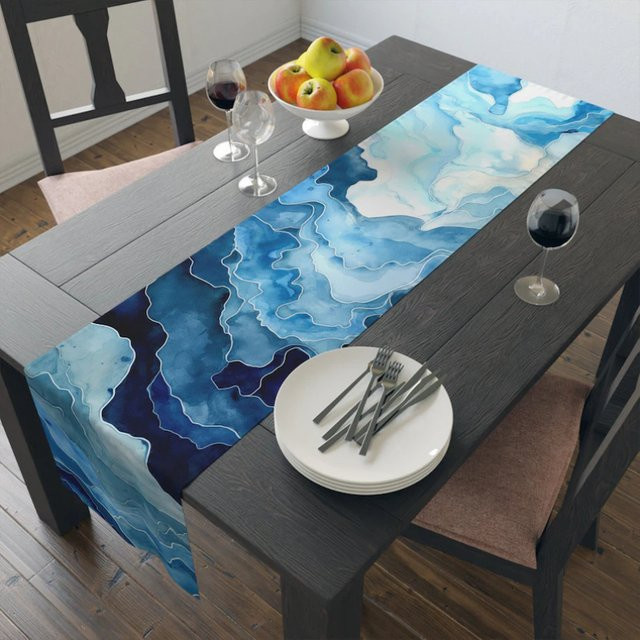VIKAMA Tischläufer aus Leinen mit blauem Ozean Aquarell-Farbverlauf im mediterranen Stil, B/H: 122 x 33 cm - Bild 1