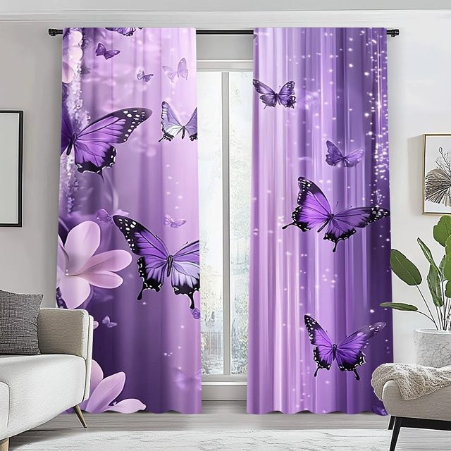 Set aus 2 halbtransparenten Vorhängen von Tonnika Chen mit Schmetterlings- und Blumenmuster in Lila, Material: Polyester, Breite: 100 cm, Höhe: 70 cm - Bild 1