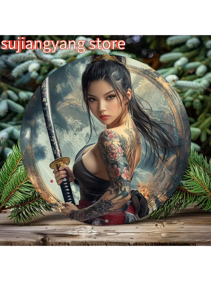 Potdemiel Vintage Japanische Samurai-Frau Aluminium-Wandkunst, rundes Metallschild in Multicolour, Durchmesser: 20,32 cm - Bild 4