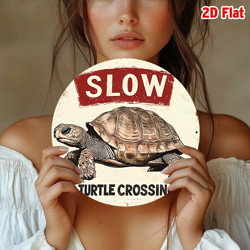 Potdemiel Rundes Aluminiumschild Slow Turtle Crossing im Vintage-Stil als Metallwanddekoration, Durchmesser: 20 cm - Bild 3