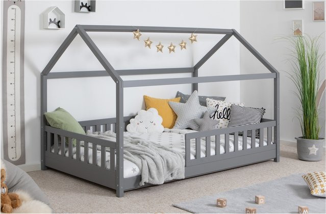 TiCAA Kinderbett Hausbett Kay Montessori aus Kiefer Massivholz in Weiß mit Rolllattenrost und variablem Rausfallschutz - Bild 1