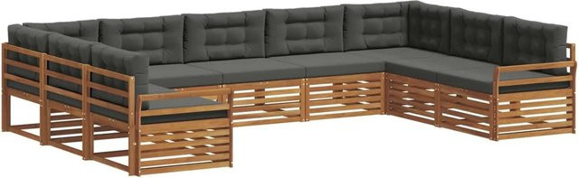 vidaXL Sofagarnitur aus Akazie Massivholz in Natur und Anthrazit, 9-teiliges U-Form Gartenmöbel-Set mit Polstern und Kissen - Bild 1