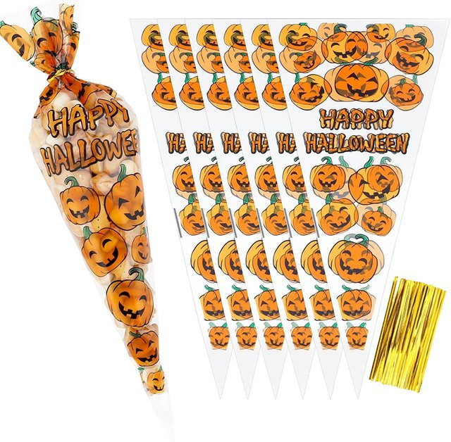 TMZ Halloween Süßigkeiten Beutel in Kegelform, 50 Stück, Orange, Kunststoff-Geschenkverpackung für Lebensmittel - Bild 1