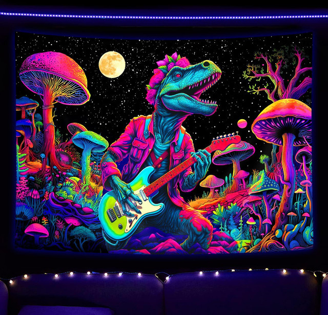 VIKAMA Neon Wandteppich mit Dinosaurier und Pilzen, Mehrfarbig, B/H: 75 x 58 cm - Bild 1