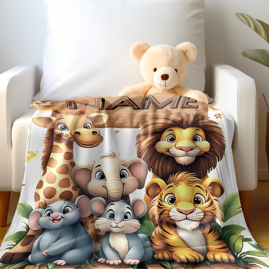 VIKAMA Waldtier-Decke mit Giraffen- und Löwenmuster in Multicolour, weiche Kuscheldecke für das Kinderzimmer, B/T: 90 x 60 cm - Bild 2