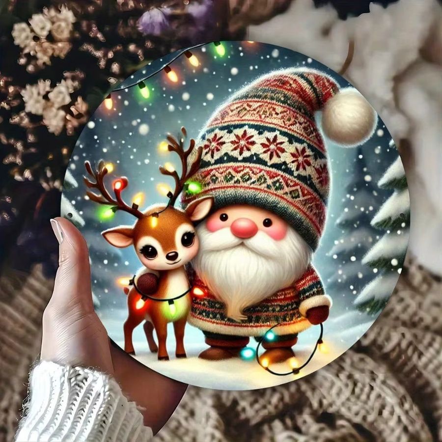 HELLOYOUNG Rundes Eisenschild mit Cartoon-Weihnachtsmann und Hirsch in Multicolor, Durchmesser: 20 cm - Bild 2