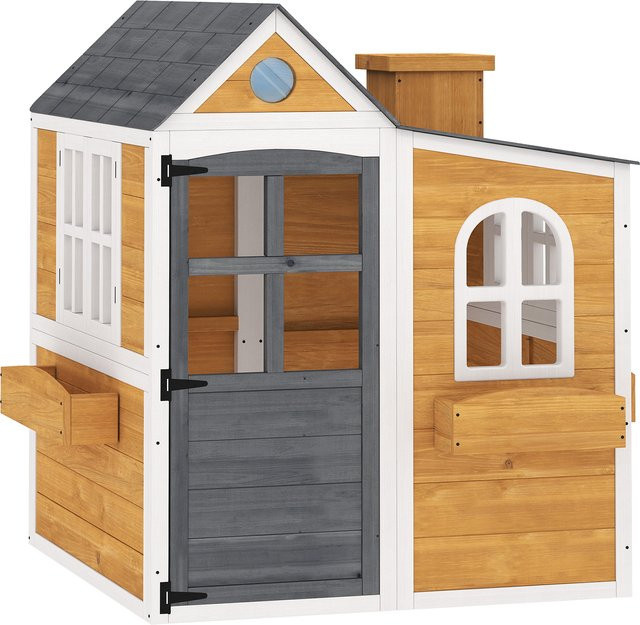 AIYAPLAY Außenspielhaus aus Holz in Gelb mit Tür, Fenster und 3 Pflanzkästen, B/T/H: 125,5 x 119 x 126 cm - Bild 1