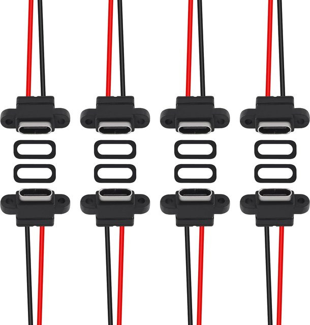AOKIN 8er Set USB-C Typ-C Buchsen 2-polig, wasserdichte USB-C Pigtail-Kabel mit 2P-Lötdraht als Verlängerungsstromkabel, Schwarz - Bild 1
