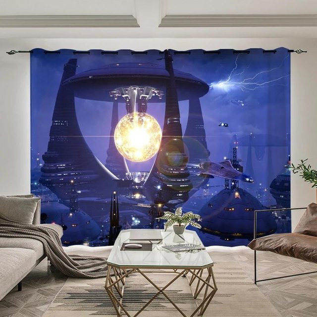 Yiran Furniture Hochverdunkelnde Vorhänge mit Astronauten- und Weltraum-Muster für Kinderzimmer, 2er-Set, Blau, Breite: 55 cm, Höhe: 120 cm - Bild 1