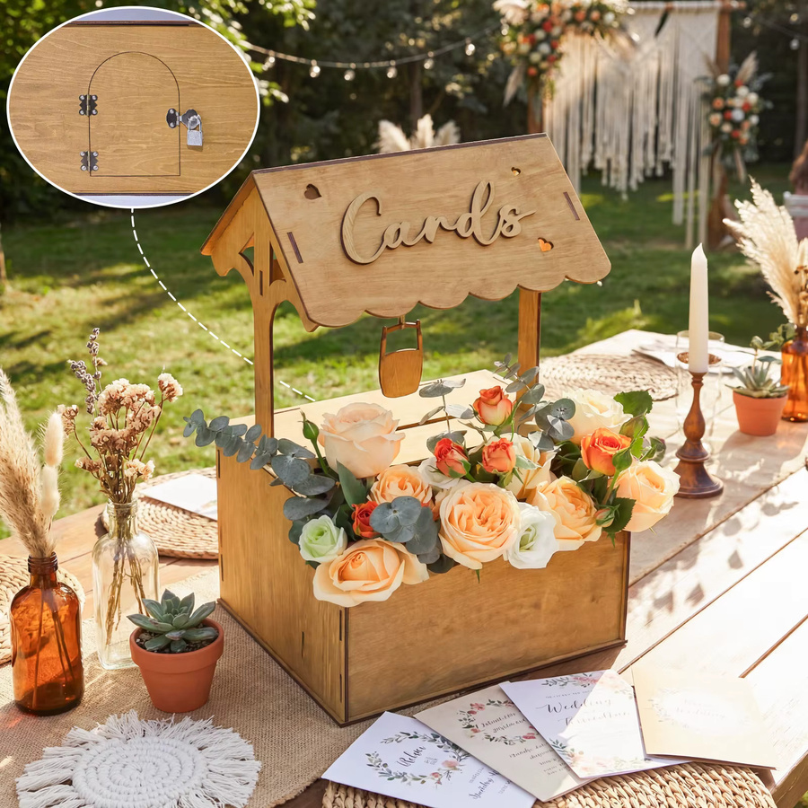 OurWarm Kartenbox aus Holz in Braun für Hochzeiten, Geburtstage und Empfänge - Bild 2