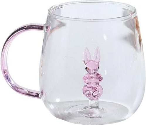 Mieshangle Handgefertigtes Wasserglas mit Tier-Pflanzenform und buntem Henkel, Motiv Hase, Transparent, Weiß - Bild 1