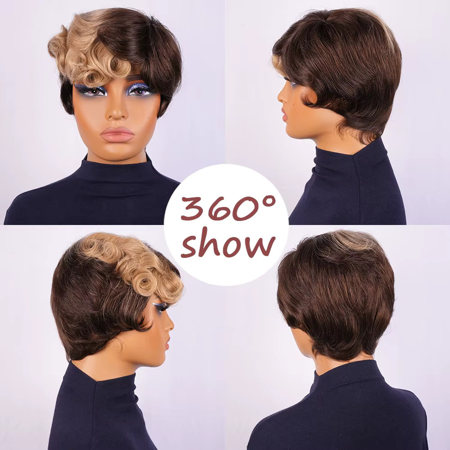 OYM HAIR Echthaar-Perücke, Pixie-Schnitt mit Pony, Gold Ombre, Damen - Bild 3