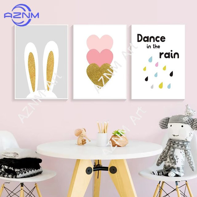 AZNM Wandkunst Poster Set mit Kaninchen und Herzen in Rosa, Leinwandmalerei im nordischen Stil für das Kinderzimmer - Bild 1