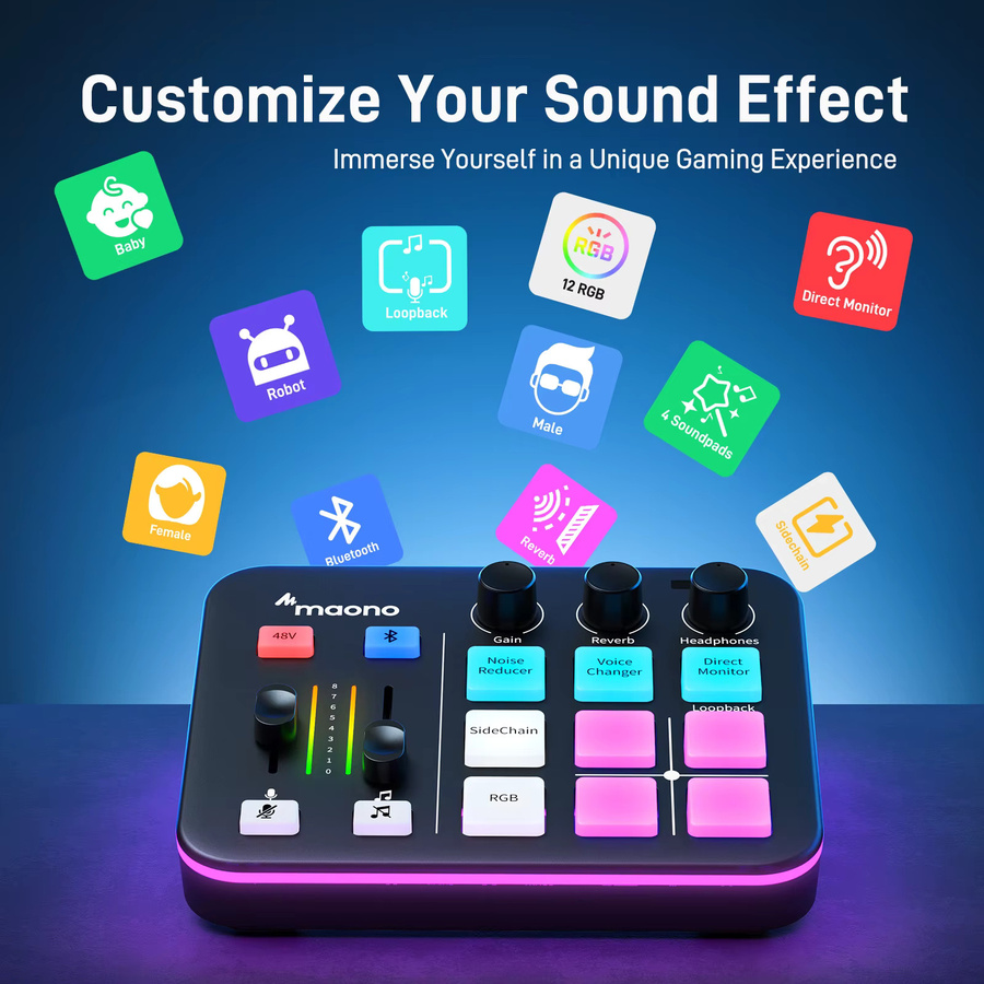 Maono G1 Neo Gaming Audio Mixer mit RGB Streaming, XLR Mikrofon Audio Interface für Podcast und Game Voice, Schwarz - Bild 3