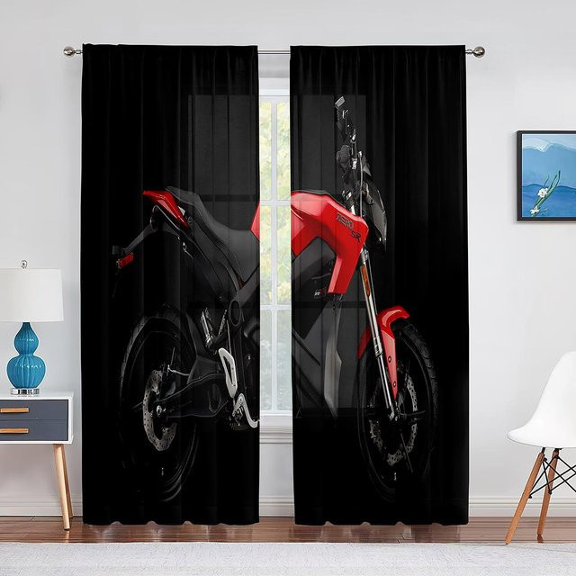 Yiran Furniture Motocross Fenstervorhänge mit 3D Dirt Bike Fahrer Silhouetten, Schwarz, 2er Set, Höhe: 100 cm, Breite: 50 cm - Bild 1