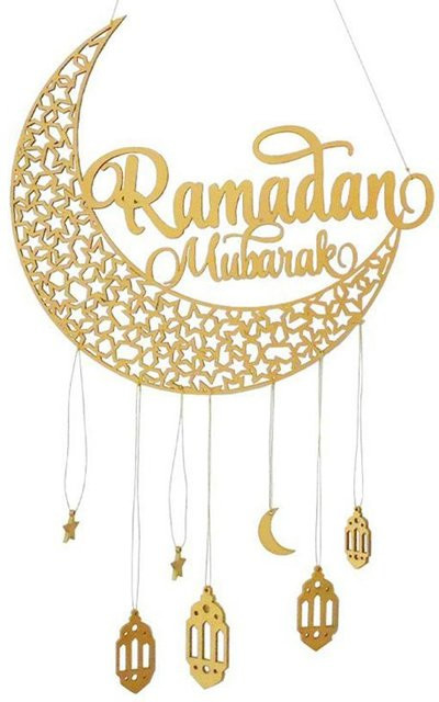 Kolomi Muslimischer Eid Ramadan Holz Anhänger mit Hohlmuster und goldenem Mond in Beige und Gold - Bild 1