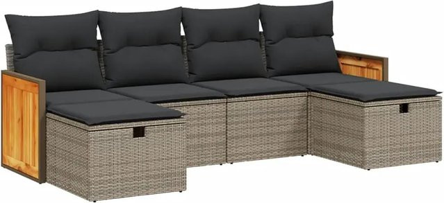 vidaXL 6-teilige Garten-Sofagarnitur in L-Form aus Poly Rattan in Grau mit Polsterkissen und Ottoman - Bild 1