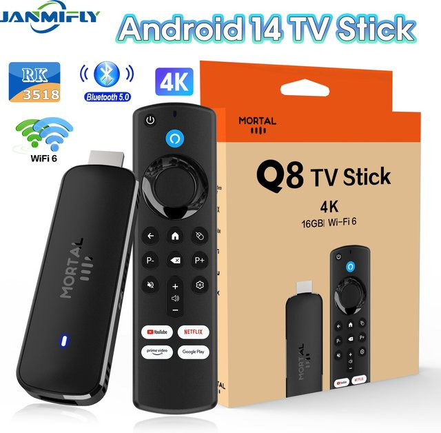 Janmifly Q8 TV-Stick mit Sprachfernbedienung, 4K Ultra HD, Dual-WLAN 6 und RK3518 Quad-Core Prozessor, Schwarz - Bild 1