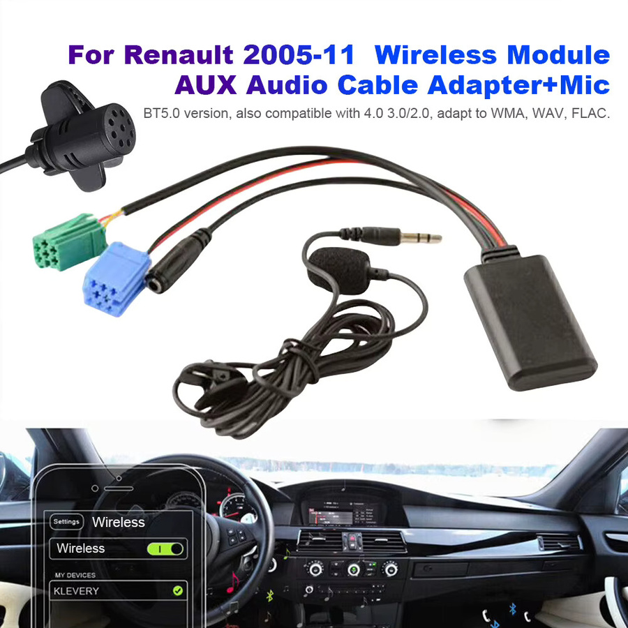 Bluetooth 5.0 Aux Adapter mit Mikrofon für Renault Radio Update, Mini ISO Anschluss, Schwarz - Bild 5