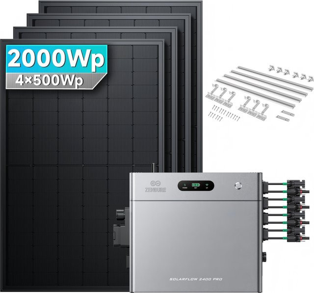 SolarMars Balkonkraftwerk 2000W mit Zendure SolarFlow 2400 Pro Speicher 2,4kWh und Ziegeldachhalterung in Grau - Bild 1