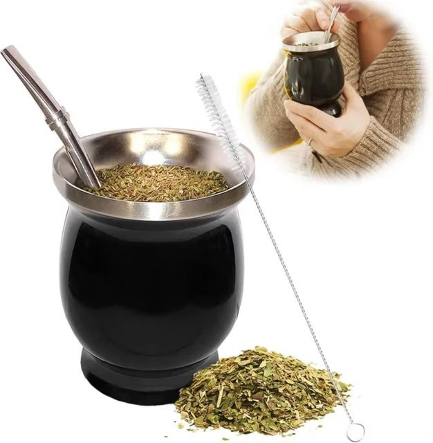 Untior Yerba Mate Becher aus 304 Edelstahl mit Bombilla und Reinigungsbürste, doppelwandig, 8oz (ca. 236 ml), Blau oder Schwarz - Bild 1