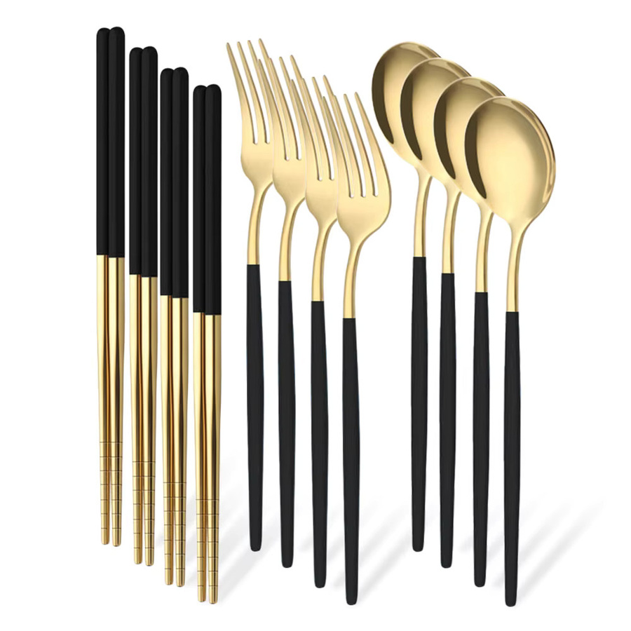 Luxus Koreanisches Besteckset aus Edelstahl in Schwarz und Gold, 12-teiliges Set mit Gabel, Löffel und Stäbchen - Bild 2