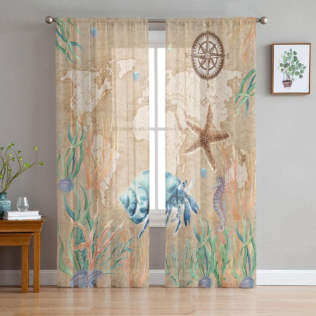 Binchi Outdoor Equipment Voile Gardinen Meeresleben Design in Blau Braun Multicolour, Breite: 135 cm, Höhe: 114 cm, 2er Set - Bild 1