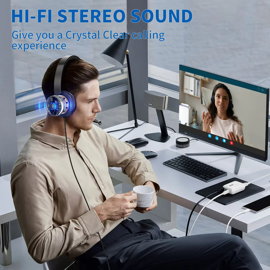 Awatrue USB-Computer-Headset mit geräuschunterdrückendem Mikrofon und Stummschaltungssteuerung in Schwarz oder Beige - Bild 5