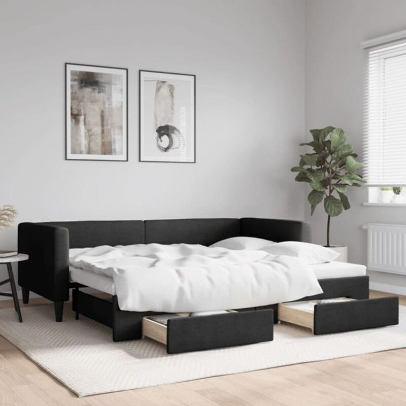 Ausziehbares Funktionsbett Vidaxl in Schwarz mit Schubladen aus Stoff und Metall, B/T/H: 90 x 200 cm - Bild 1