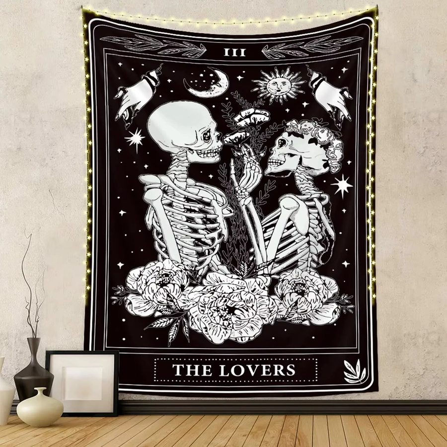 ZZN Totenkopf Wandteppich im Gothic Stil, Schwarz-Weiß Wandbehang mit Skelett-Illustration für deine Heimdekoration, Breite: 100 cm, Höhe: 75 cm - Bild 2