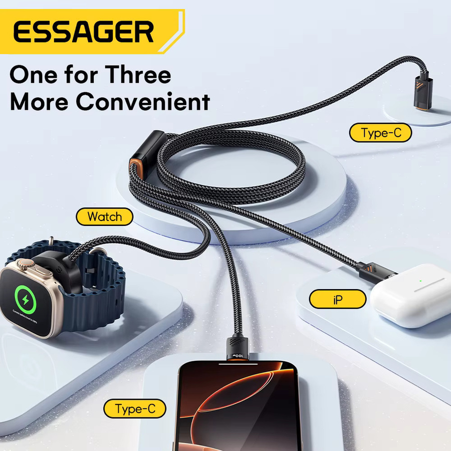 Essager 3-in-1 USB-C Schnellladekabel 100 W mit Lightning und Typ-C für Apple iPhone und iWatch, Schwarz - Bild 3