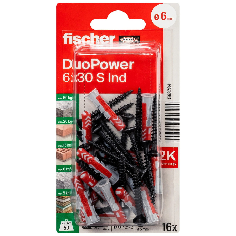 Fischer Universaldübel DuoPower mit verzinkten Schrauben, Multicolor, 16 Stück, Durchmesser: 6 mm, Länge: 30 mm - Bild 2