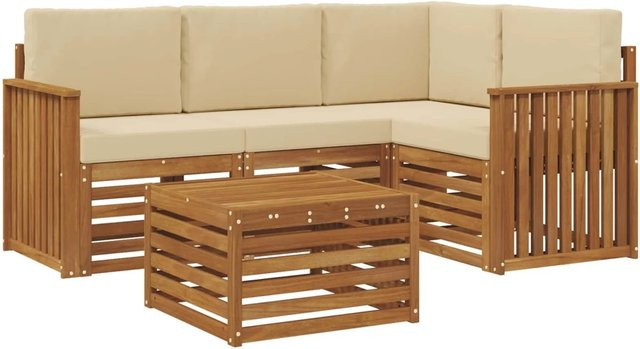 vidaXL Sofagarnitur 5-teilig aus Massivholz Akazie in Natur und Beige mit Polsterkissen - Bild 1