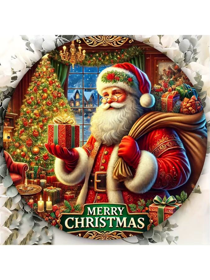 Potdemiel Vintage Weihnachtsmann Wandkunstschild aus Metall, rund, multicolor, Durchmesser: 20 cm - Bild 6