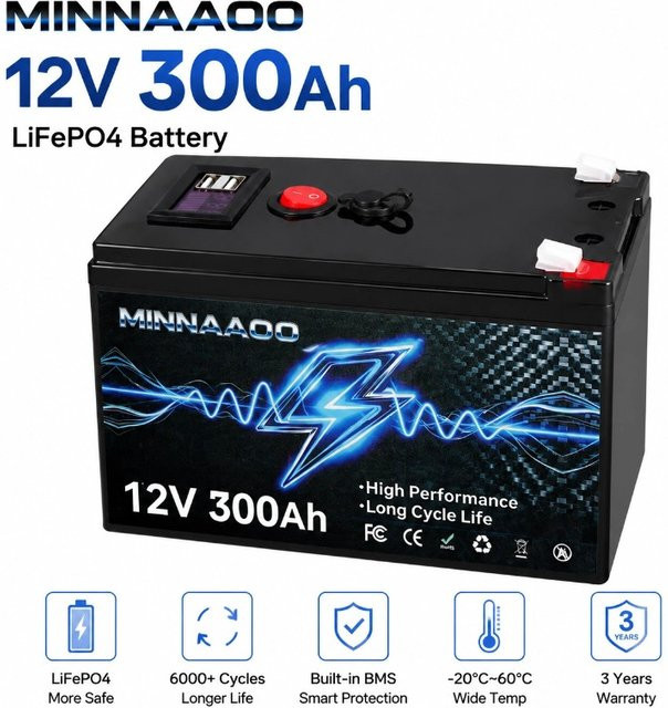 MINNAAOO LiFePO4 12V 300Ah Batterie mit integriertem 300A BMS in Schwarz - Bild 1