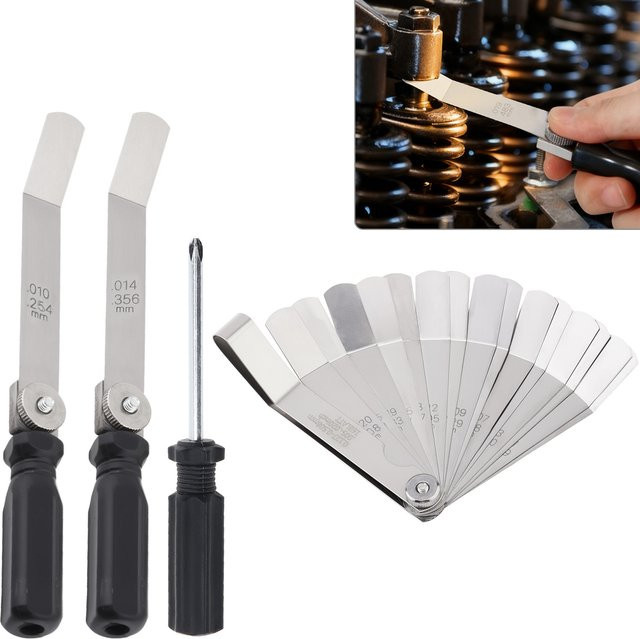 Multifunktionales Edelstahl-Ventilstößel-Messgerät-Set mit Schraubendreher und zwei schwarzen Griffen - Bild 1