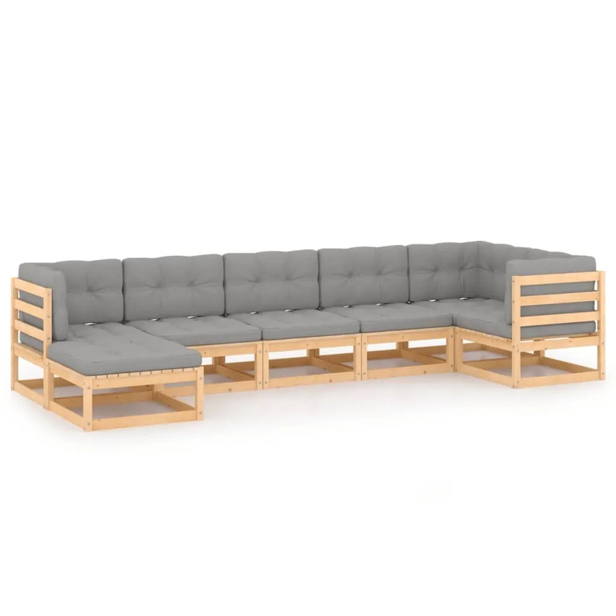 vidaXL 7-teiliges Garten-Lounge-Set aus massivem Kiefernholz in Natur mit grauen Kissen in L-Form - Bild 2