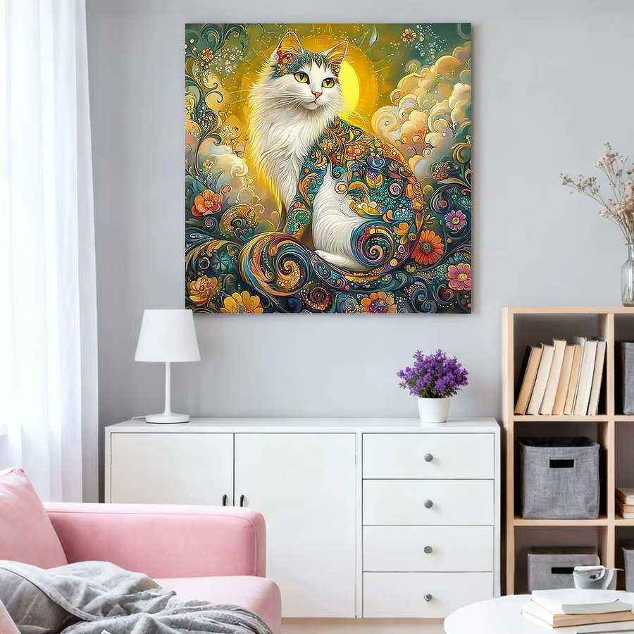 HUACAN Diamant-Mosaik Set mit floralem Katzenmotiv in Multicolour, dekoratives Wandbild mit runden Bohrern, B/H: 20 x 20 cm - Bild 3