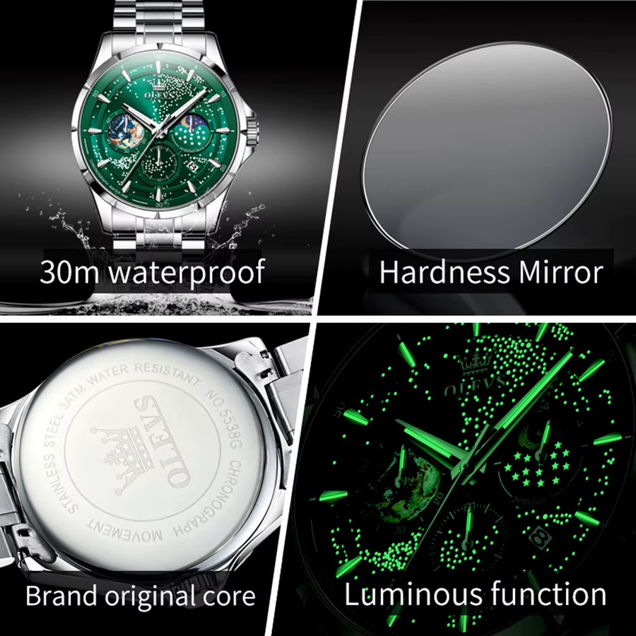 OLEVS Armbanduhr Chronograph, Quarz, Edelstahl, Grün, Herren - Bild 5