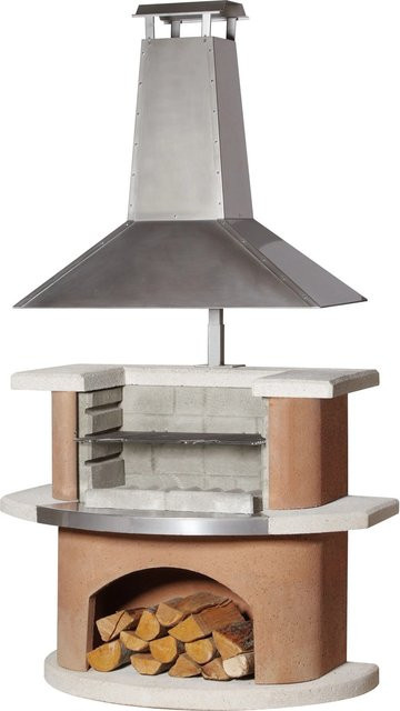 Buschbeck Gartengrillkamin Kampen in Terracotta-Weiß mit höhenverstellbarer Edelstahlhaube und Holzkohlegrill aus verchromtem Stahl - Bild 1