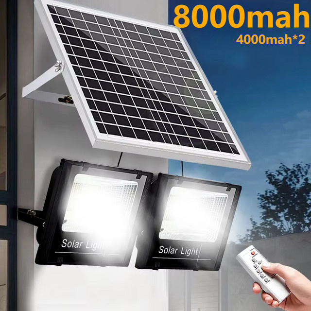 YQCHEZI LED Solar Flutlicht mit 2 Köpfen, wasserdichte Außenwandlampe für den Garten mit Aluminium Solarpanel - Bild 1