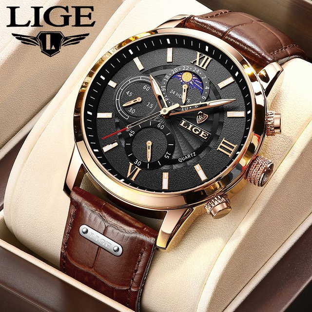 LIGE Armbanduhr Quarz, Leder, Schwarz, Silber, Herren - Bild 1