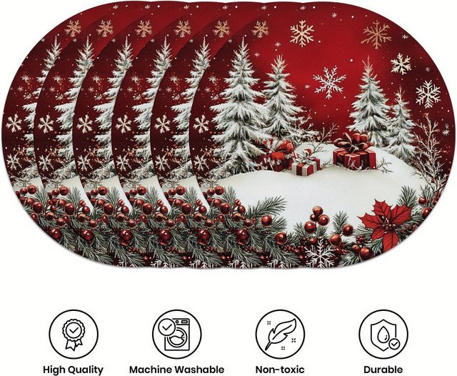 VIKAMA Weihnachts Tischset aus Holz, rund, rot mit Schneeflocken-Design, Durchmesser: 38 cm - Bild 1