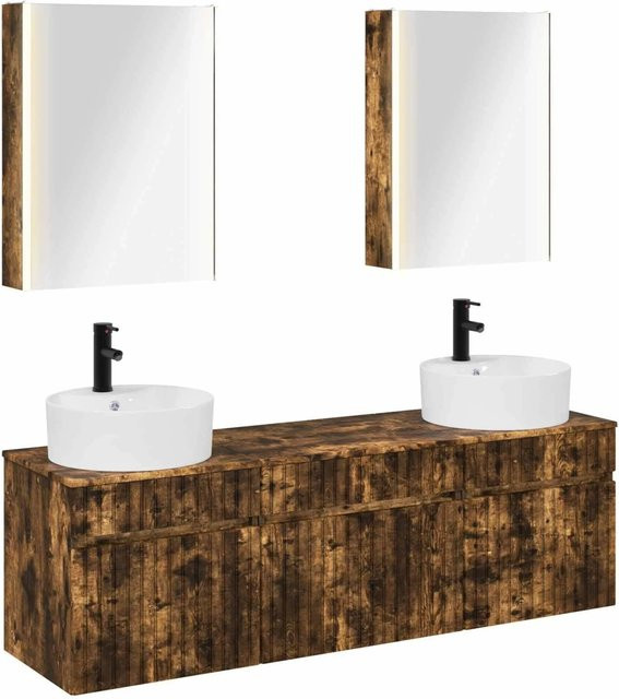 vidaXL Badezimmerschrank-Set aus Holz in Geräucherte Eiche mit LED-Beleuchtung und Spiegelschrank, B/T/H: 53 x 15,5 x 70 cm - Bild 1