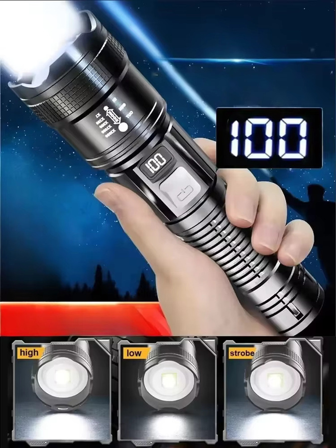 Heinast Taktische Taschenlampe mit 100.000 Lumen, wiederaufladbare Outdoor-Laterne aus Metall in Schwarz - Bild 7