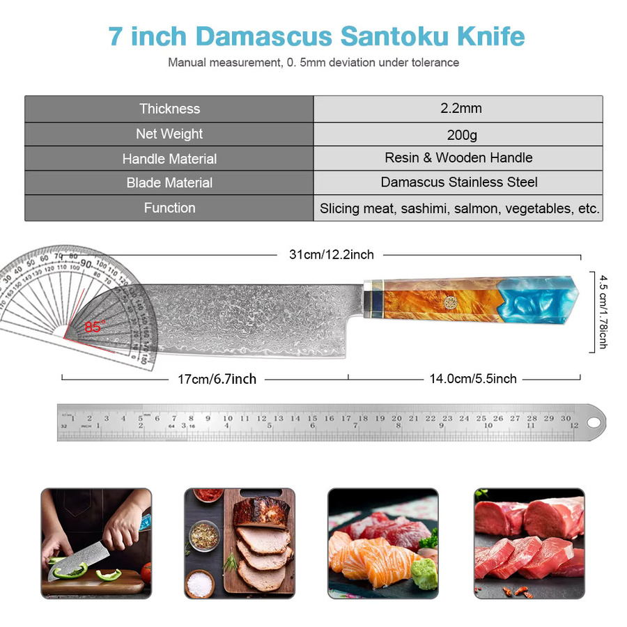 XITUO Professionelles Santoku-Messer aus japanischem Damaszener Stahl mit stabilisiertem Holzgriff in Multicolour - Bild 2