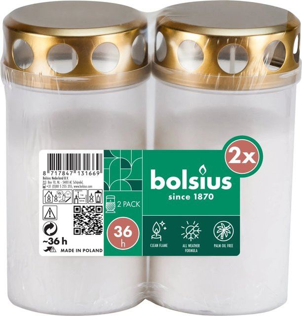 Bolsius Grablicht mit Deckel in Weiß, 2 Stück - Bild 1