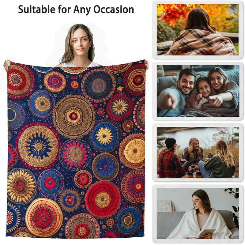 VIKAMA Flanell-Decke in Marineblau mit ethnischem Mandala-Design im Boho-Stil - Bild 4