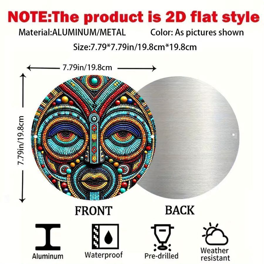 Potdemiel Afrikanische Maske Wandkunst aus Aluminium, Rundes Retro-Dekor mit Perlendesign in Multicolor, Durchmesser: 20 cm - Bild 3